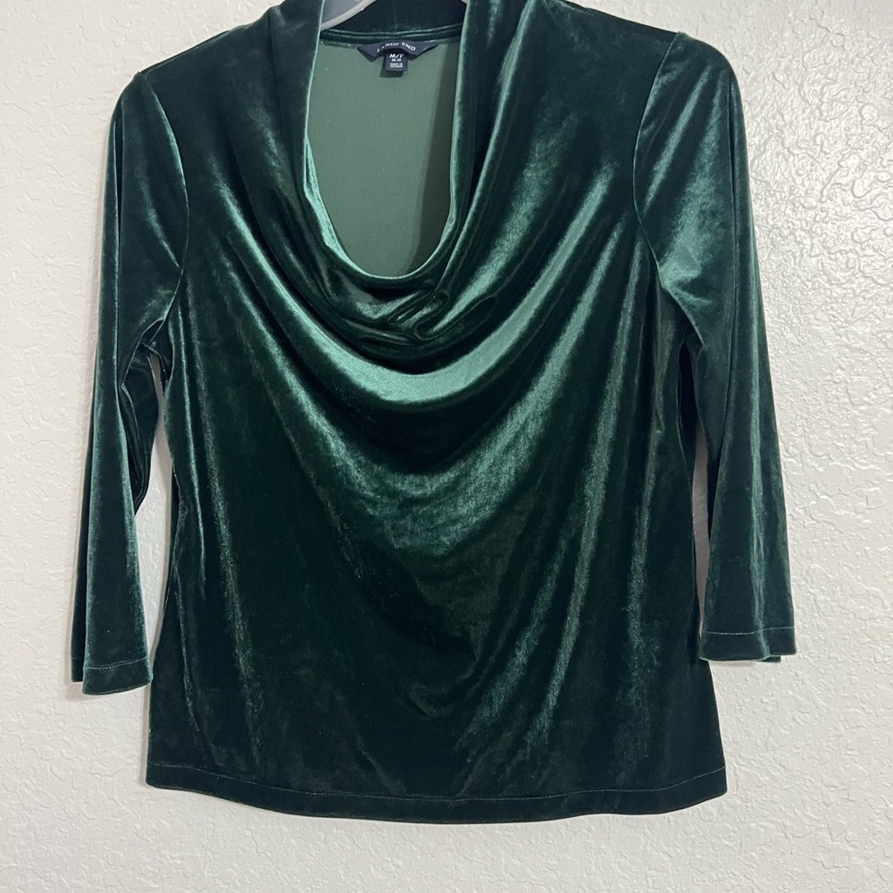 Lands End Women Velvet Top 3/4 Sleeve Holiday Blouse Green Festive Soft SZ M 389